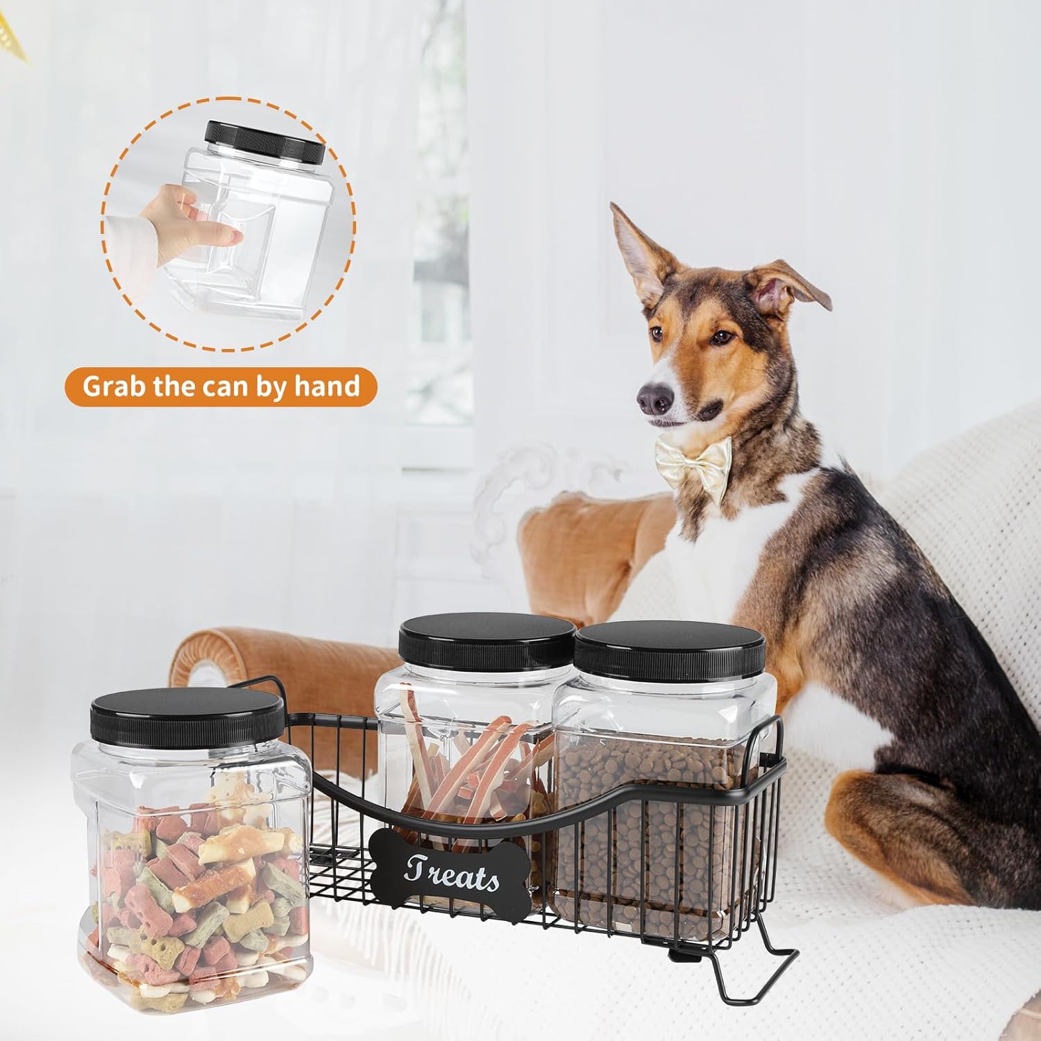68 oz Dog Treat Container,Dog Food Storage Container with Wire Frame,Dog Treat Jar 3 Piece Set,Airtight Dog Treats Bin,Cat Dog Biscuit Dispenser,Cat Treat Jar for Kitchen Counter