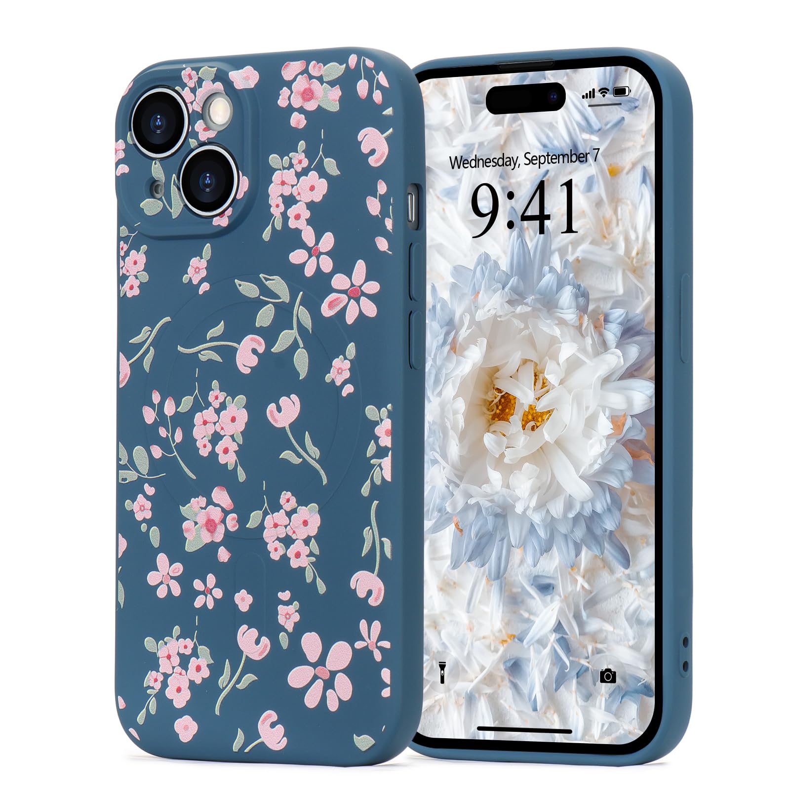 Wirvyuer Floral Elegant Design Phone Case for iPhone 15, Compatible with MagSafe Shockproof Protective Cover for Women Girls Slim Fashion Flower Case