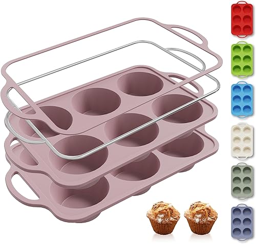Miniatura 22 de 2 paquetes de 12 tazas de molde para magdalenas de silicona para hornear con marco reforzado de metal, molde para cupcakes de tamaño regular, molde