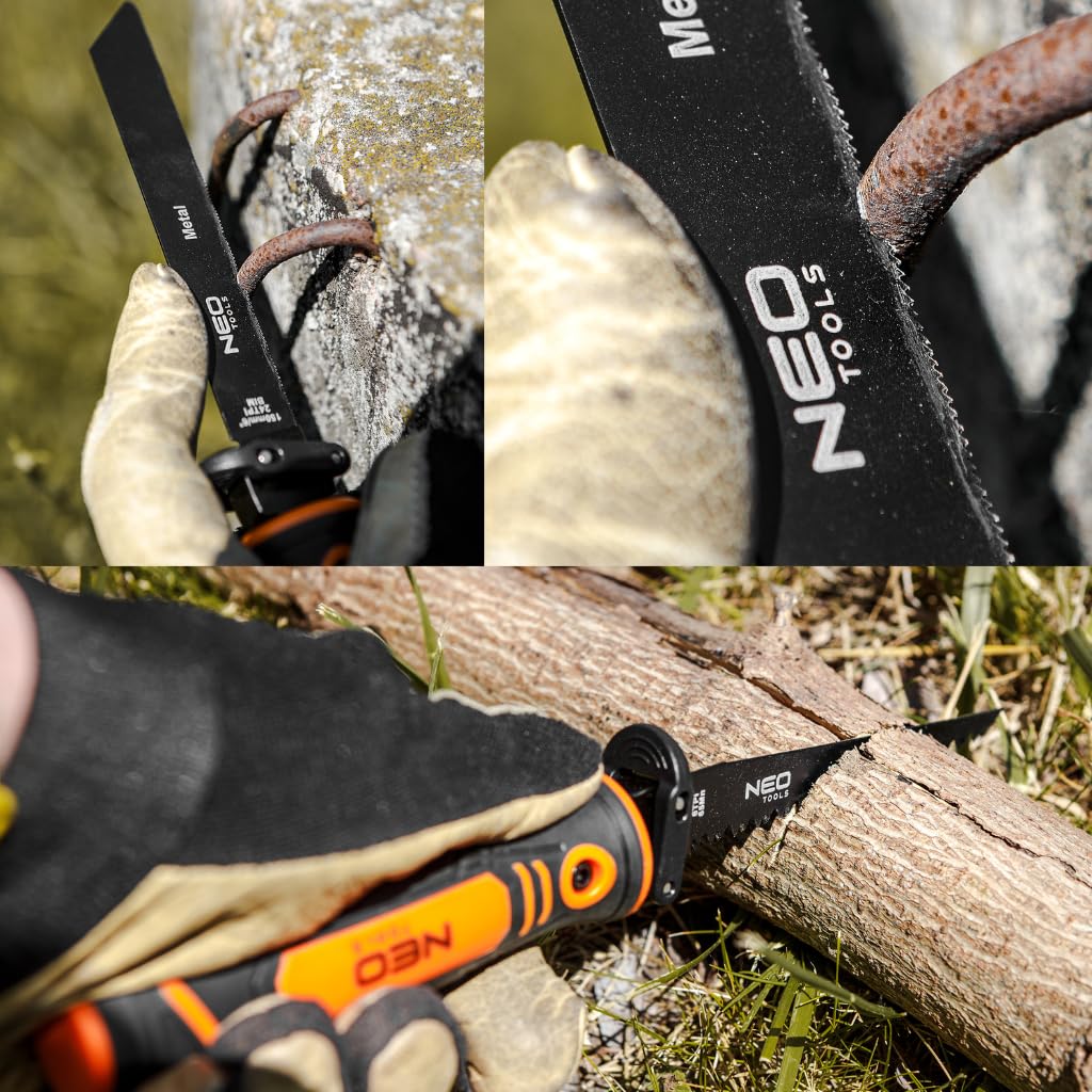 NEO TOOLS Mango de sierra con 4 hojas de sierra sable - Hoja de sierra sable para madera, metal en madera, metal - Conector con dos enchufes para una instalación rápida - Hojas de sierra sable