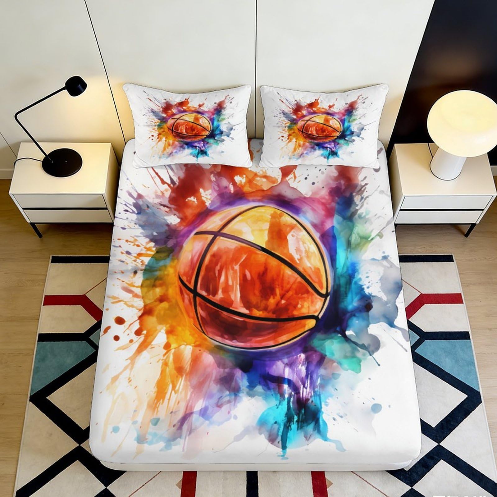3D Printed Basketball Splash Fitted Sheet Microfiber Soft Vibrant Graffiti Bed Cover for Bedroom Dorm Mattress Protection 90x200x25cm