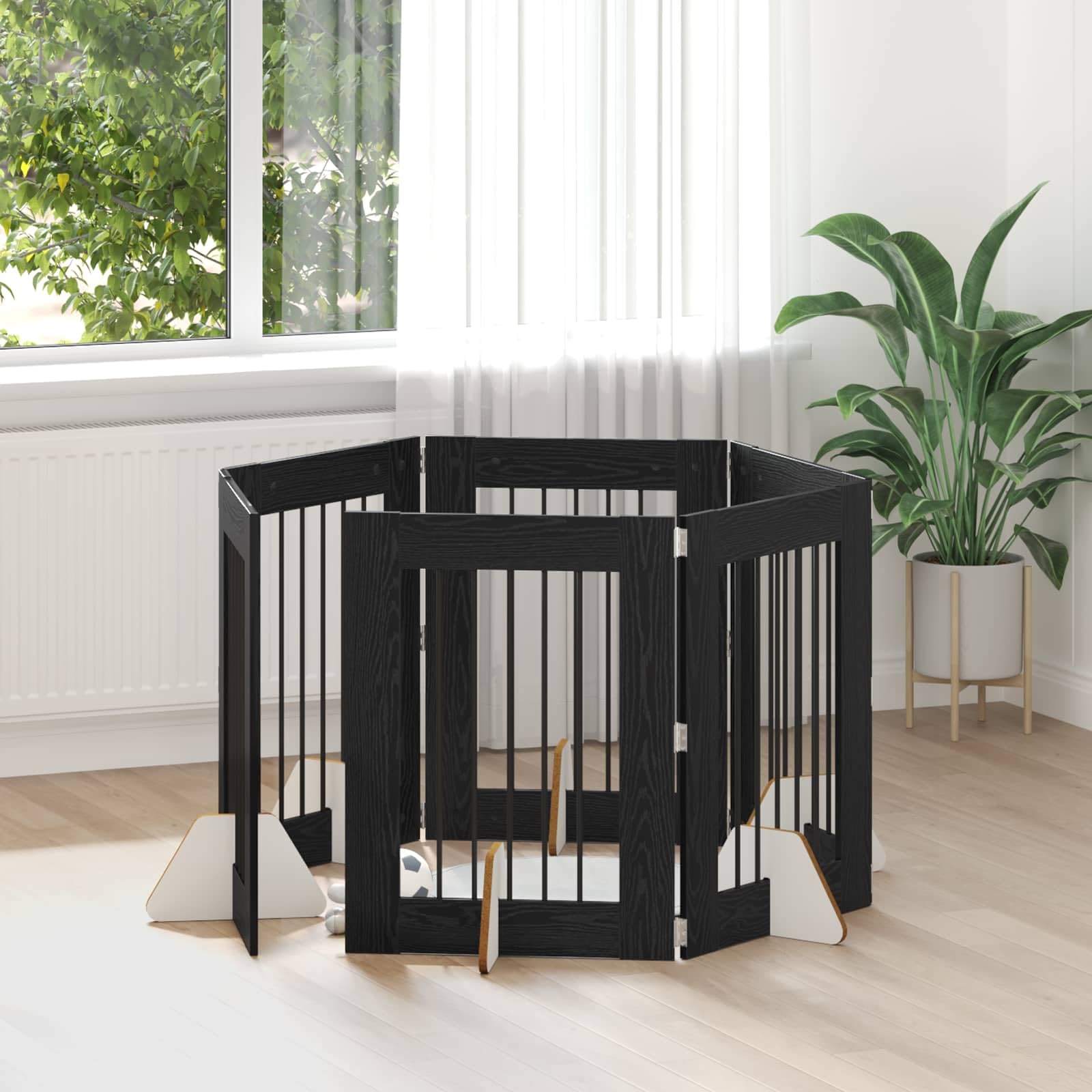 Puerta para perros con soporte, 6 piezas de roble negro, 60 x 80 cm, plegable y portátil, rejilla de metal para perros para interior y exterior, parque seguro, ampliable para cachorros