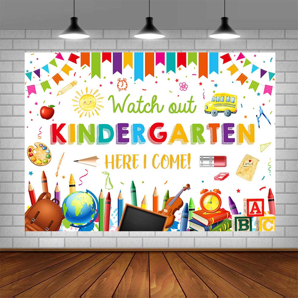 AIBIIN 7x5ft Kindergarten Back to School Backdrop Watch Out Kindergarten Here I Come Background Preschool School Party Supplies Decoration Banner