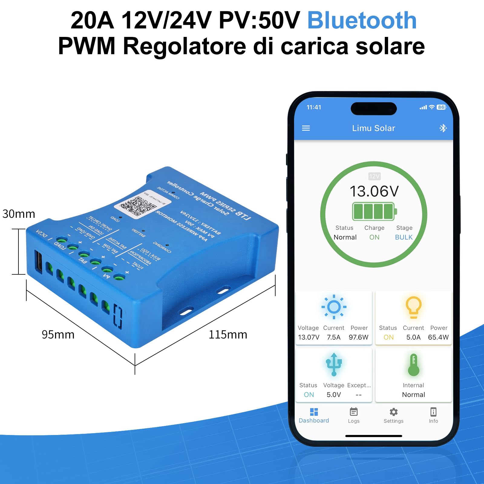 Pannello solare da 180 W, 12 V, pannello solare monocristallino, kit di cella solare: pannello solare da 180 Watt, con regolatore di carica solare Bluetooth da 20 A, cavo solare da 5 m, staffe