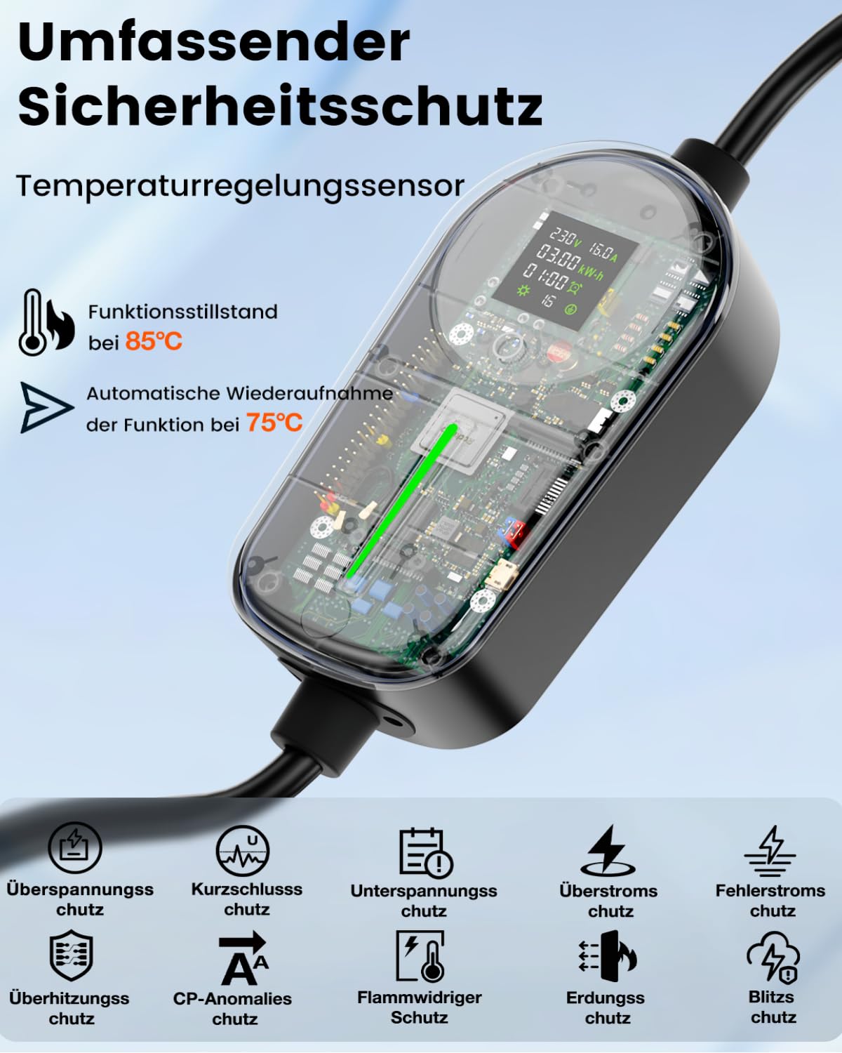 EzGoGo Typ 2 Ladekabel Schuko 3,7kW 10m, 6-16A, EV Ladegerät