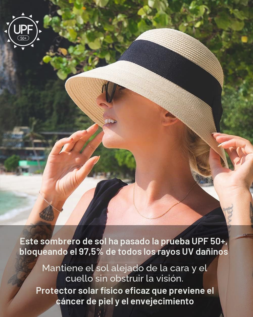 Comhats Sombrero de Verano de Paja con sombrilla para Mujer Sombrero de Sol Suelto de Playa de ala Ancha