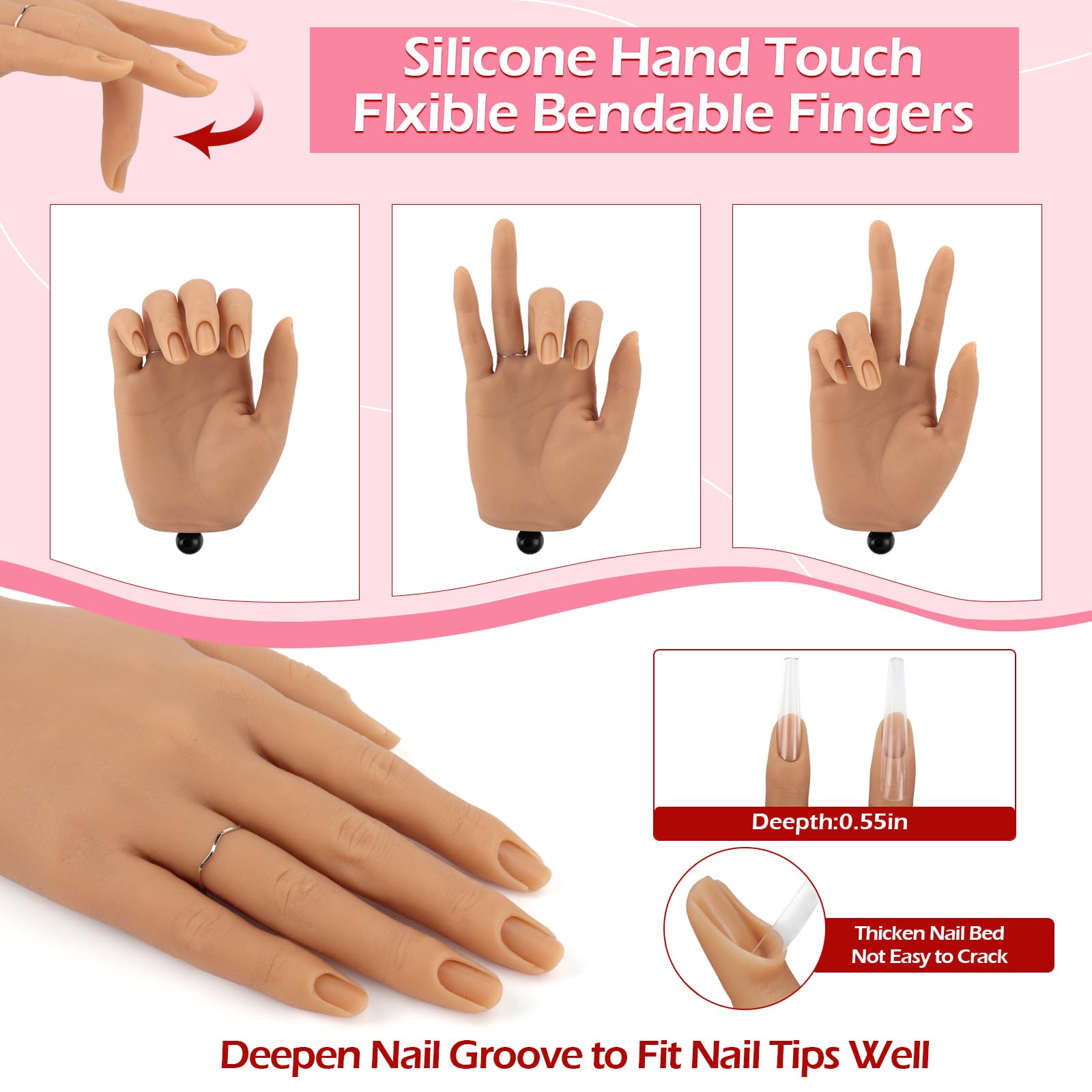 Mano de práctica para uñas acrílicas, práctica de mano de uñas de silicona, dedos flexibles, manos falsas de maniquí para práctica de uñas, kit de modelo de mano para suministros de uñas, 3
