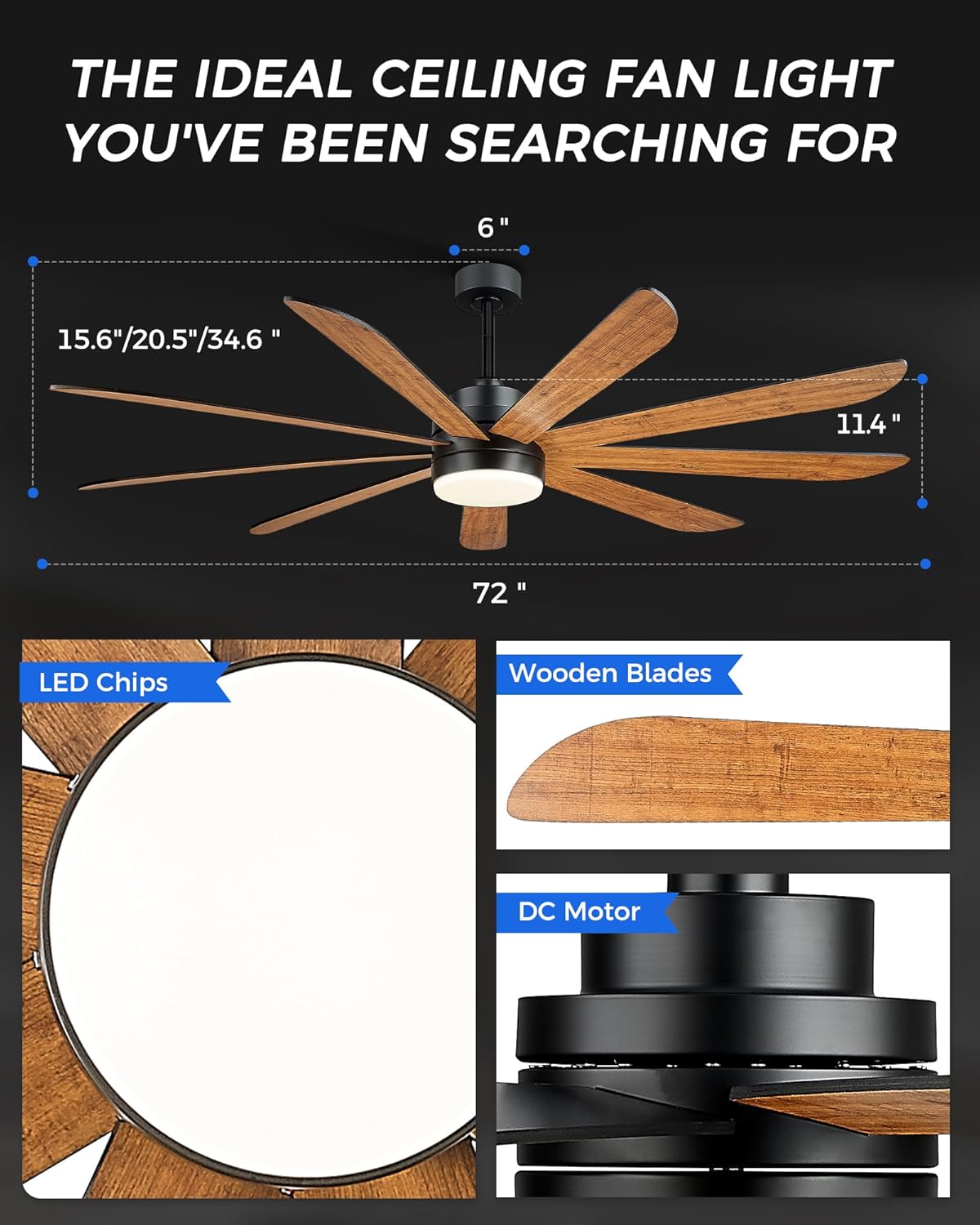 72 Inch Black Ceiling Fans with Lights and Remote, LED Ceiling Fan with Voice Control, 3CCT Dimmable and Quiet Reversible DC Motor, Matte Black & Dark Walnut Blades, CF03-BK