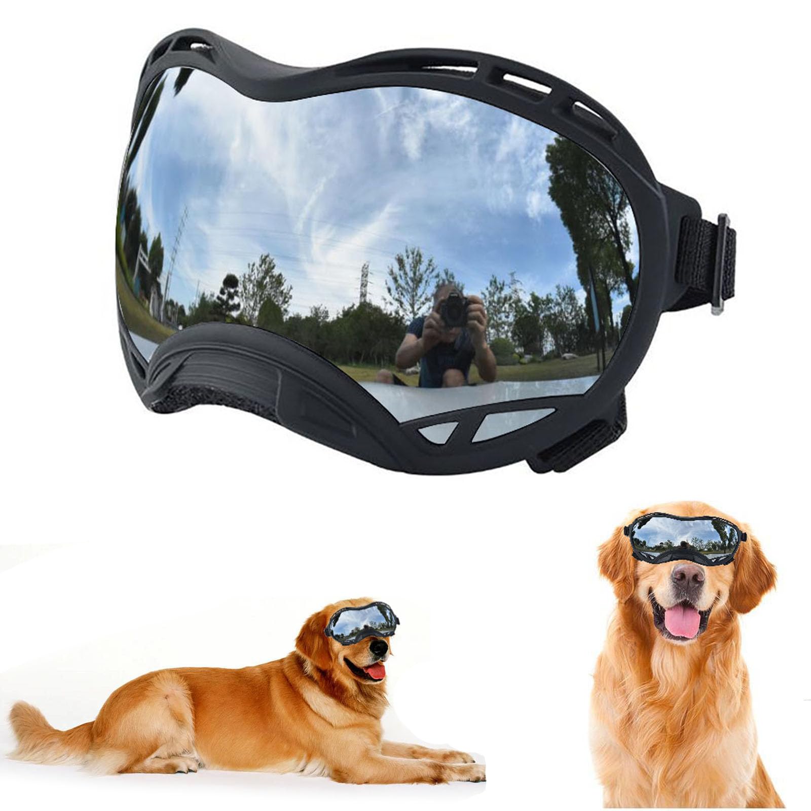 Occhialini morbidi anti-UV per cani di taglia grande – occhiali da sole per cani di taglia medio-grande, antipolvere, antivento, antineve, protezione per gli occhi per sci (montatura nera e lente