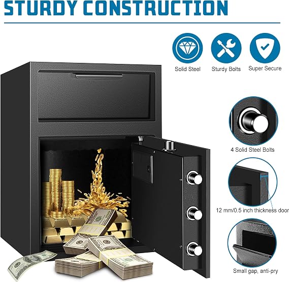 Depository Drop Safe, Deposit Cash Lock with Electronic Keypad Combination & Key Backup, with Metal Hardwheel, Digital Screen & 5 Reinforced Lockbolt