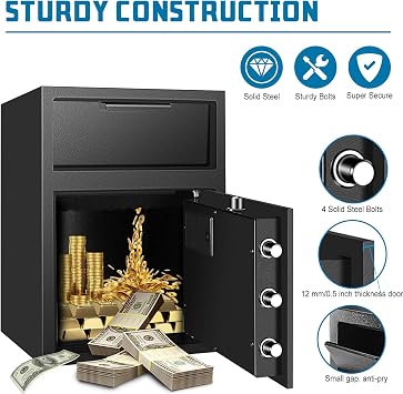 Depository Drop Safe, Deposit Cash Lock with Electronic Keypad Combination & Key Backup, with Metal Hardwheel, Digital Screen & 5 Reinforced Lockbolt