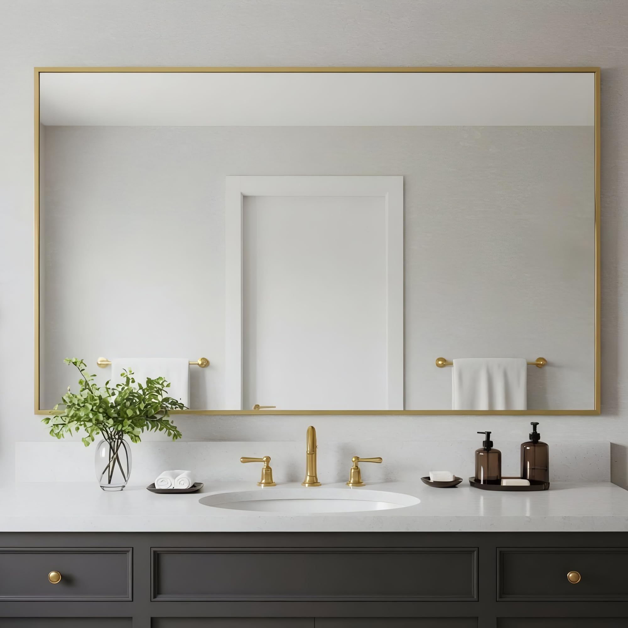 Photo 1 of Bonverre 24x40 Inch Brass Bathroom Mirror for Wall, Aluminum Frame Rectangle Rectangular Vanity Mirror, Modern Large for Bedroom, Living Room, Horizontal or Vertical