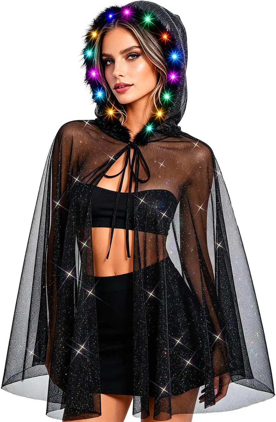 JAKAWIN Black Halloween Cloak Glitter Costume Cape for Women