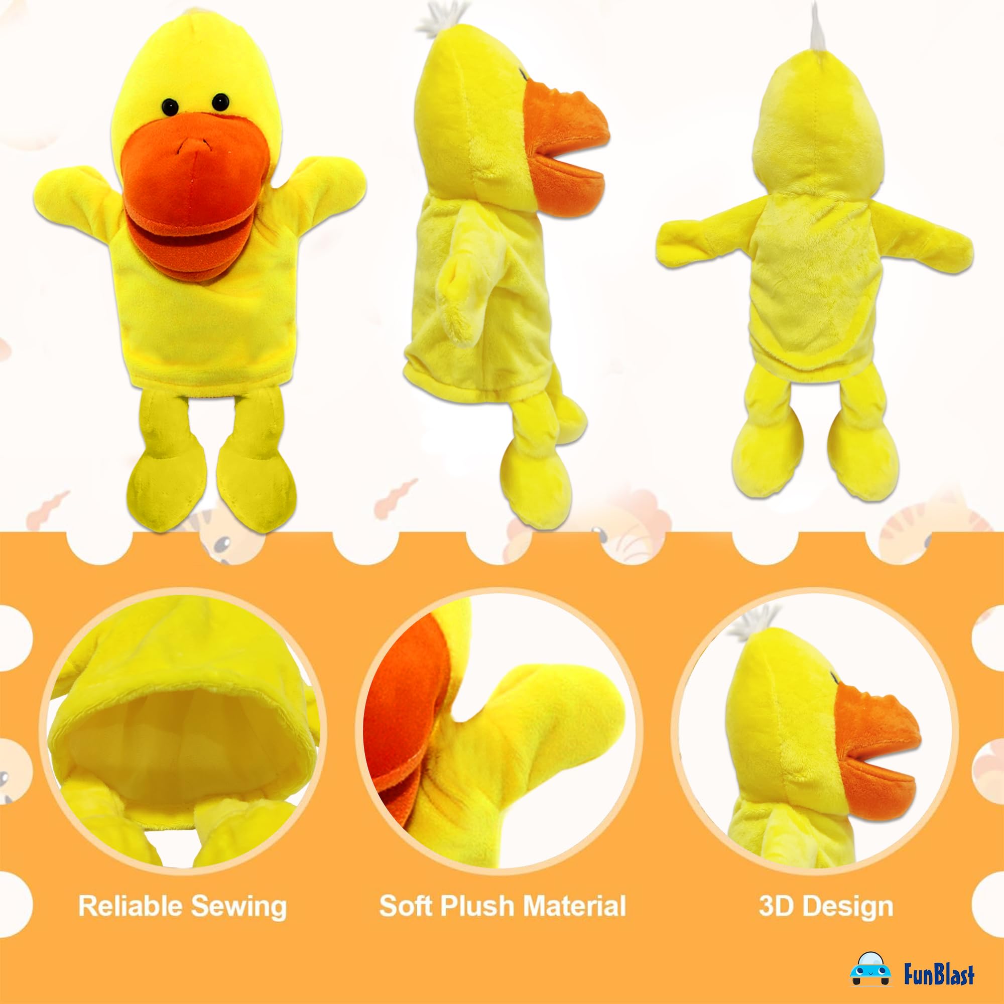 FunBlast Hand Puppets for Kids – Cute Animal Soft & Interactive Plush Duck Puppets for Storytelling, Role Play & Learning Toys, Perfect for Toddlers & Children (Yellow) 4