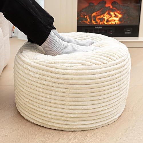 Pouf Ottoman Stuffed High Density Foam Ottoman Foot Rest Pouf Foot Stool Poufs for Living Room Boho Home Decor Bean Bag Round Pouffe Bedroom (Ivory Striped)