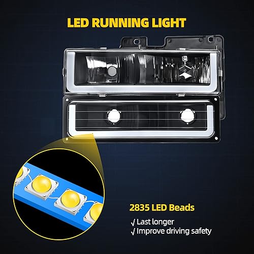 Miniatura 4 de DWVO - Conjunto de faros delanteros LED DRL compatible con Chevy Silverado CK 1500, 2500, 3500SuburbanTahoeGMC Yukon 1990-1999, con luz de