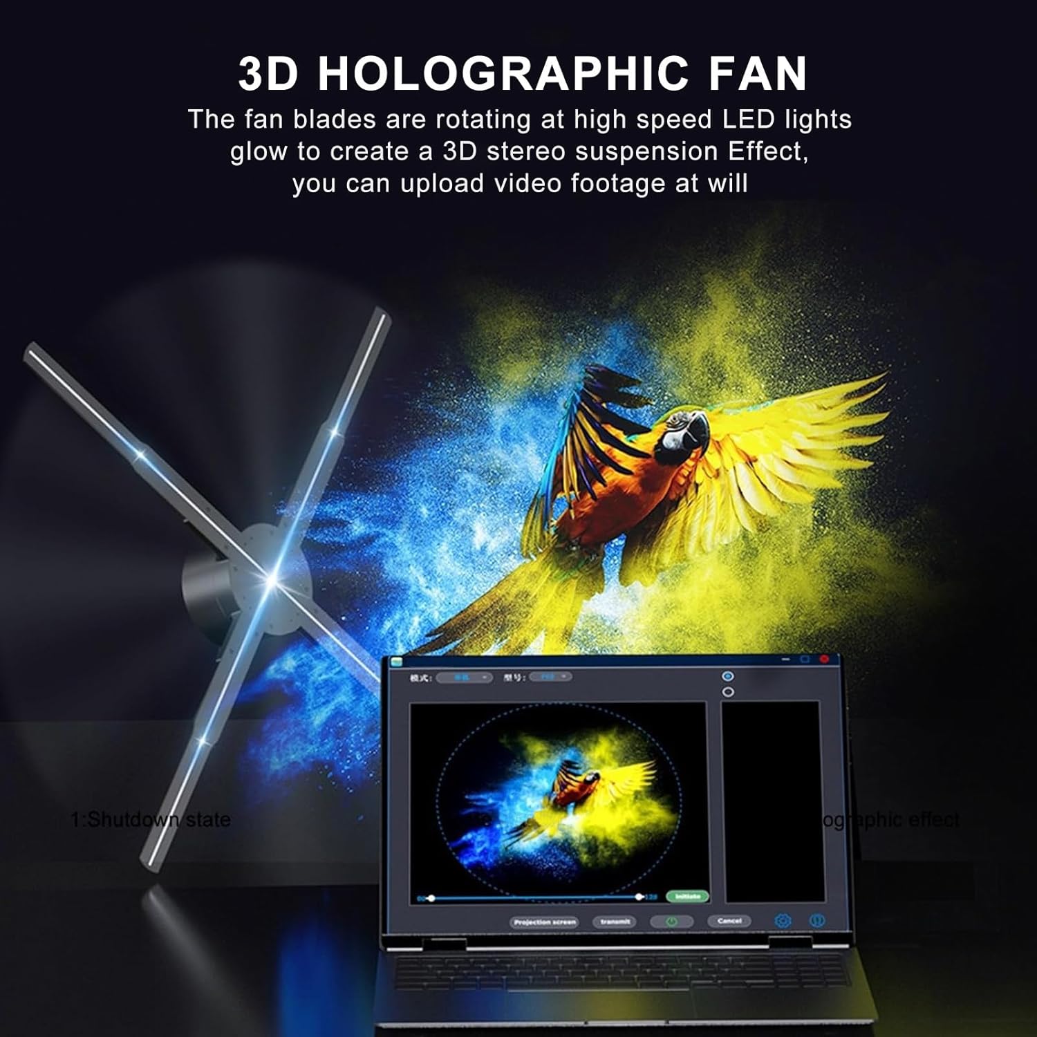 3D Holographic Advertising Display Device,576 LED Lamp Beads Wall Mounted Rotation Fan Shaped Hologram Projector,Support WIFI Bluetooth APP Connection