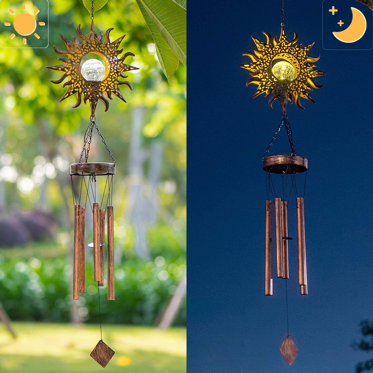 Solar Wind Chimes Sun Flame Aluminium Rurki wiatr Nocna noc lekka wystrój domu na zewnątrz domowe wiatrowe prezent na ogrodowy podwórko patio trawnik