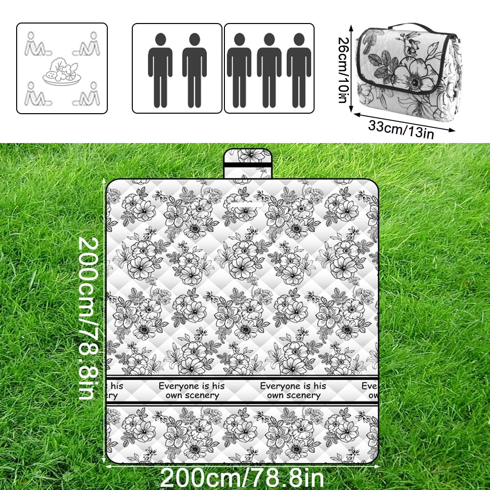 Couverture de pique-nique pliable avec poignée de transport, motif floral noir et blanc, imperméable, couverture d'extérieur isolée et rembourrée pour plage, parc et pique-nique en famille