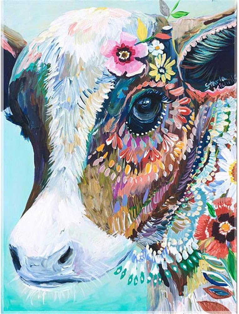 Kit Diamond Painting 5D Fai Da Te – Mucca Con Animali Colorati, Tela 30x40 Cm, Cristalli Rotondi