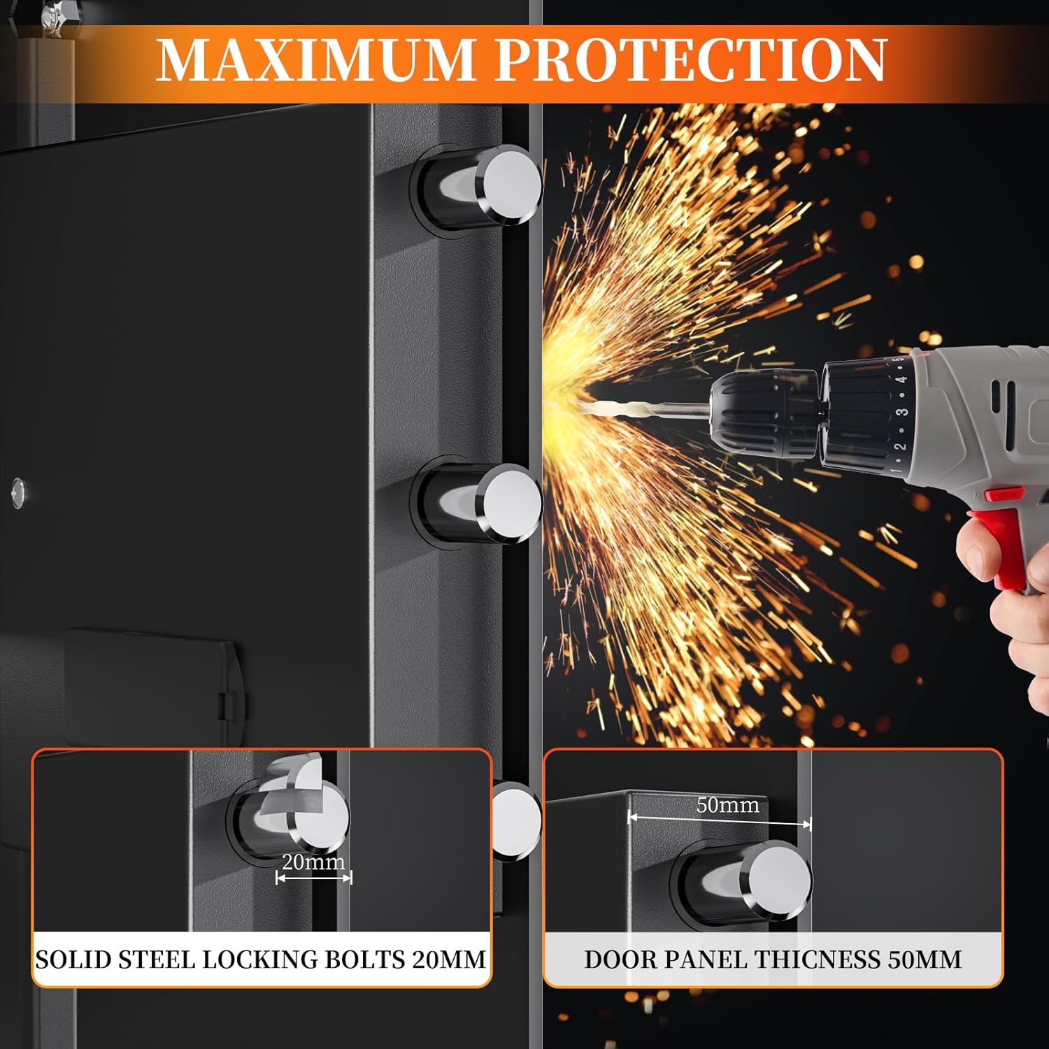 Close-up of the WASJOYE safe's solid steel locking bolts and door panel thickness