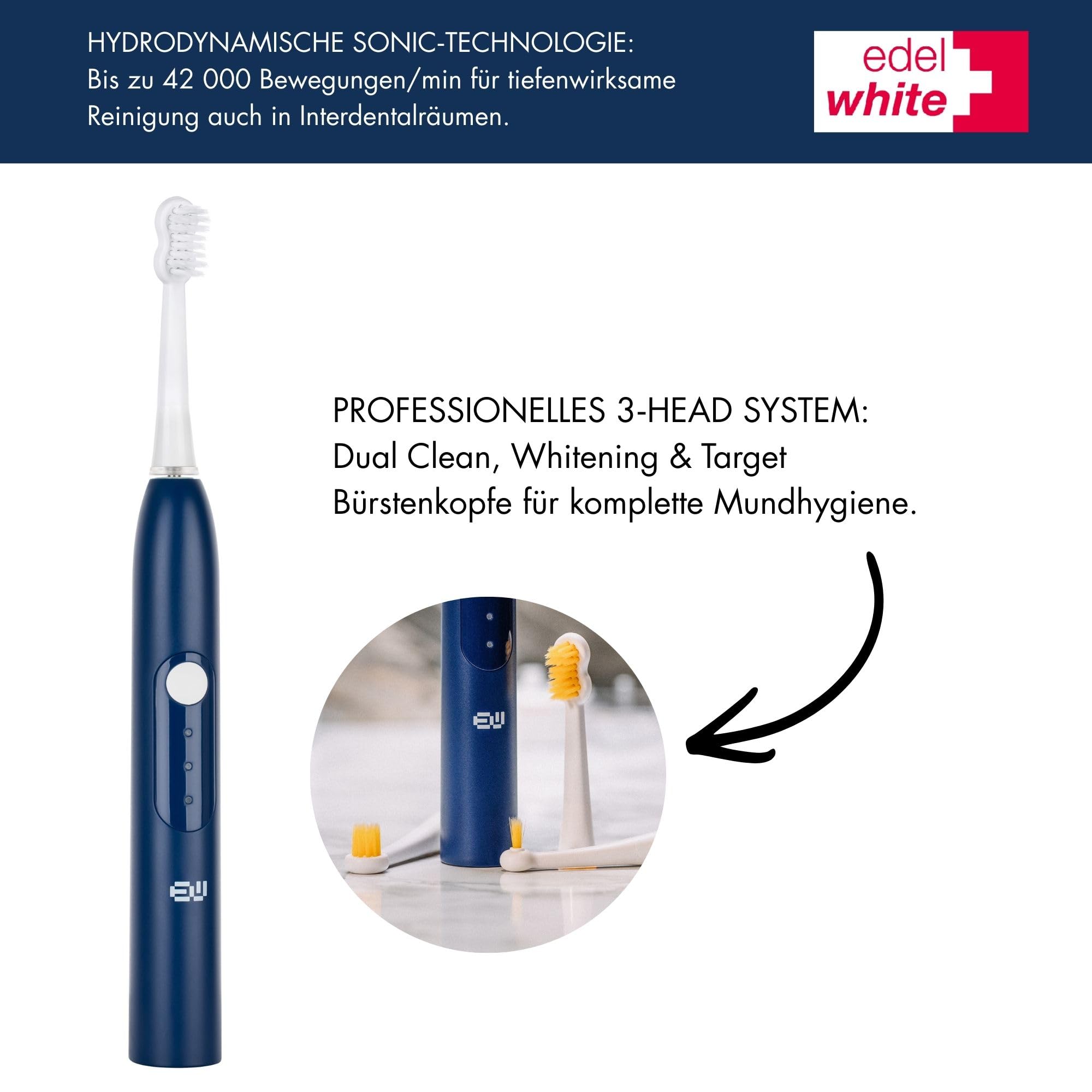 edel + white swiss - EW‑SG9 Viva Sonic - Brosse à dents suisse hydrodynamique avec 3 têtes de brosse professionnelles, charge directe USB C et mode massage - Compact et puissante - Bleu