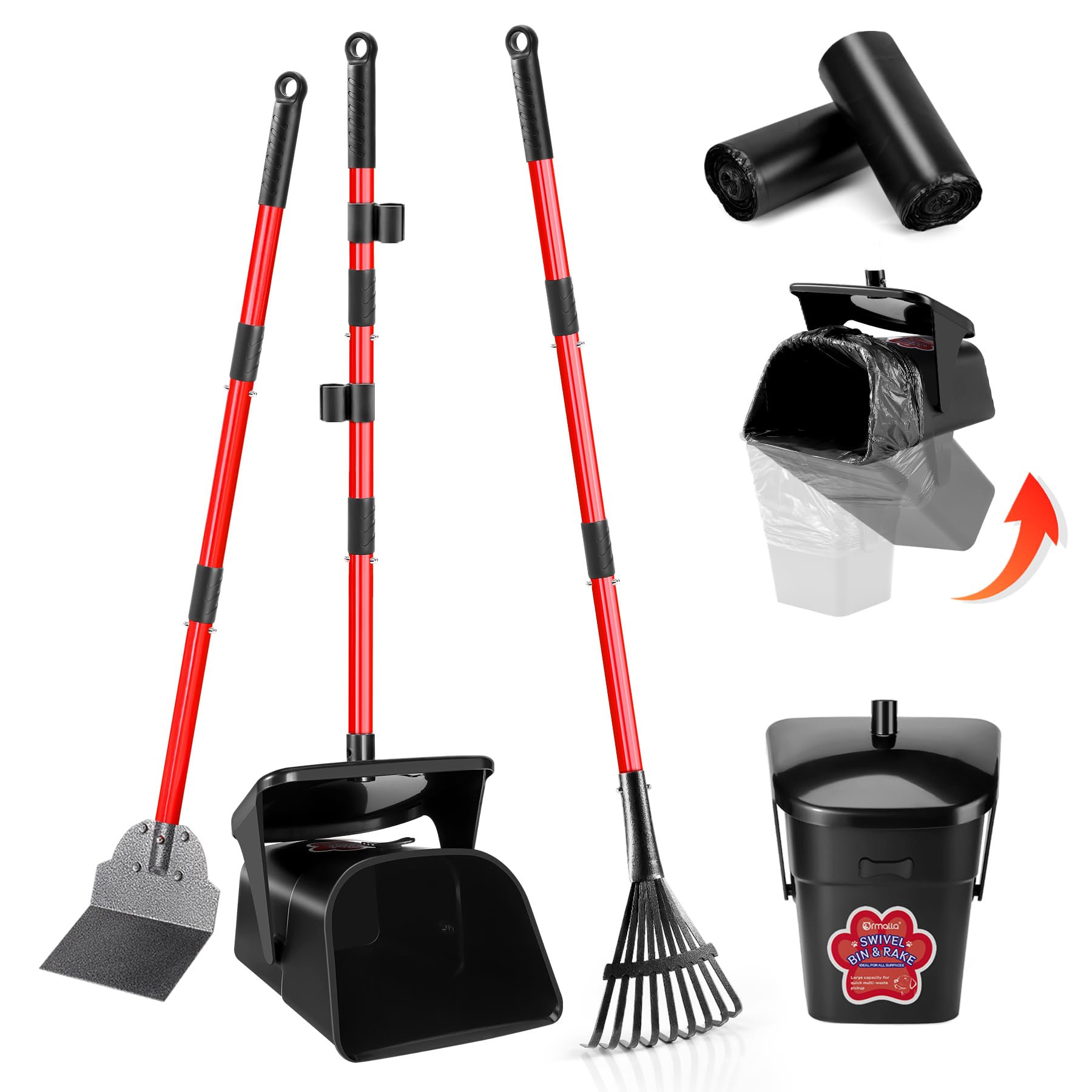 Ormalla Pooper Scooper Swivel Bin & Rake & Spade with 60 Waste Bags, Heavy Duty Dog Poop Scooper for Large Medium Small Dogs, Long Stainless Steel Handle Use on Yard, Grass, Dirt or Gravel โ image 1