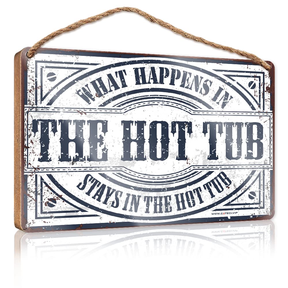 FZFN Bathroom Wall Wood Sign What Happens In The Hot Tub Stays In The Hot Tub Wooden Sign Outdoor Signs And Decor Bathroom Signs For Home(15X28CM)