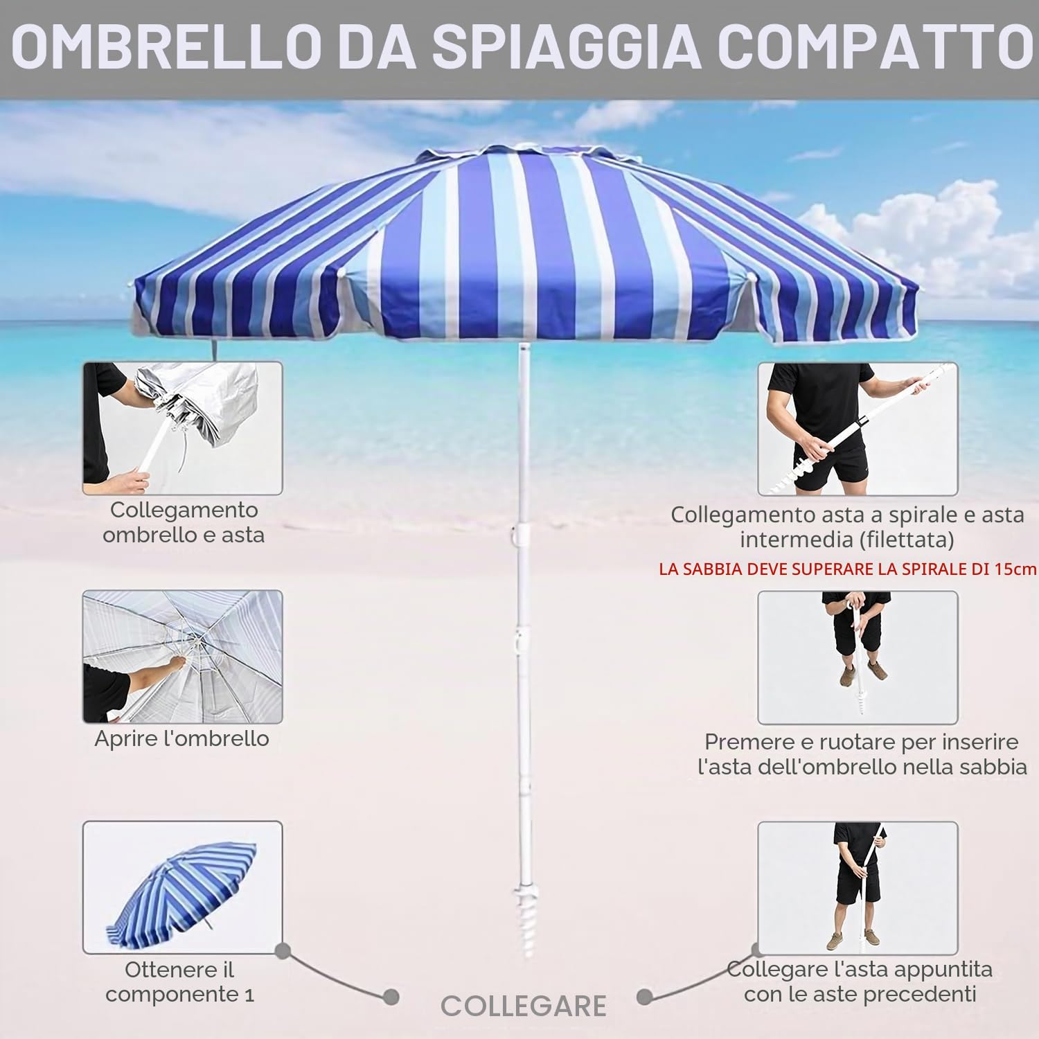 LOTTAFUN Ombrellone da spiaggia da 2 m, resistente, resistente al vento, UV 50+, portatile, con ancoraggio per sabbia e borsa per il trasporto, ombrello pieghevole per spiaggia, piscina, patio