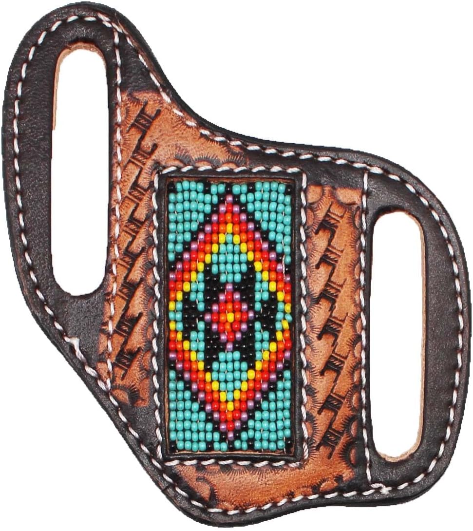 Western Basket Weave Tooled Leather Beaded Knife Holder Flat Sheath 29RT44B