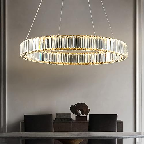 Modern Crystal Chandelier Ceiling Light Fixture LED Contemporary Adjustable Stainless Steel 1-Ring Brass Gold Chandeliers Lighting D20"