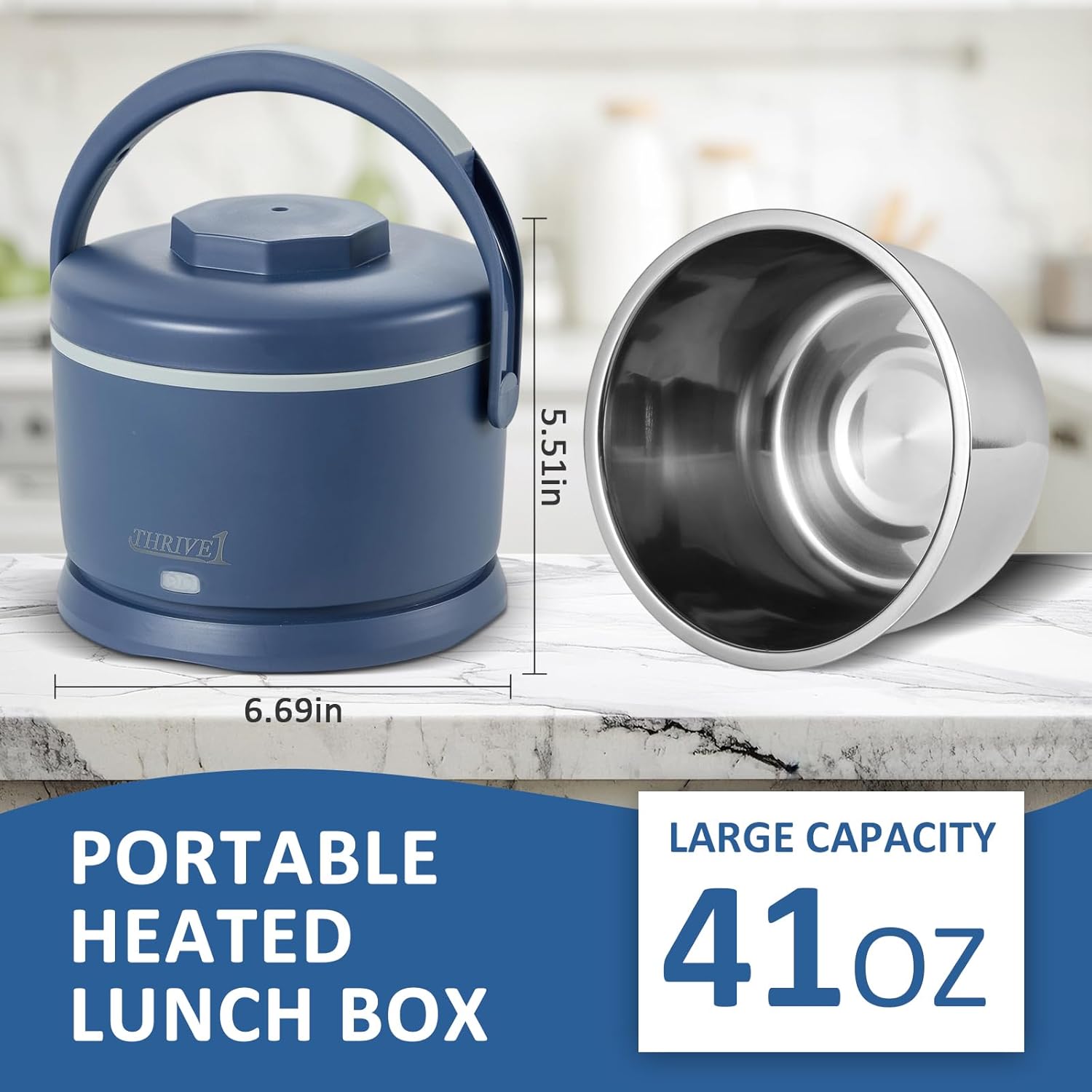 Electric Lunch Box for Adults 40 oz Portable Food Warmer 12V/24V/110V/220V Heated Lunch Box for Work, Office, Car, Travel, Home Use (Blue)