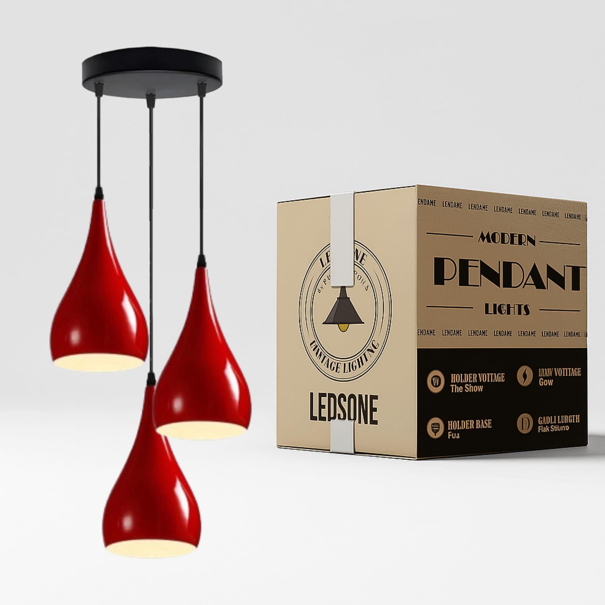 LEDSone 3 Head Red Tear Drop Ceiling Pendant Light Metal E27 Fixture — image 1