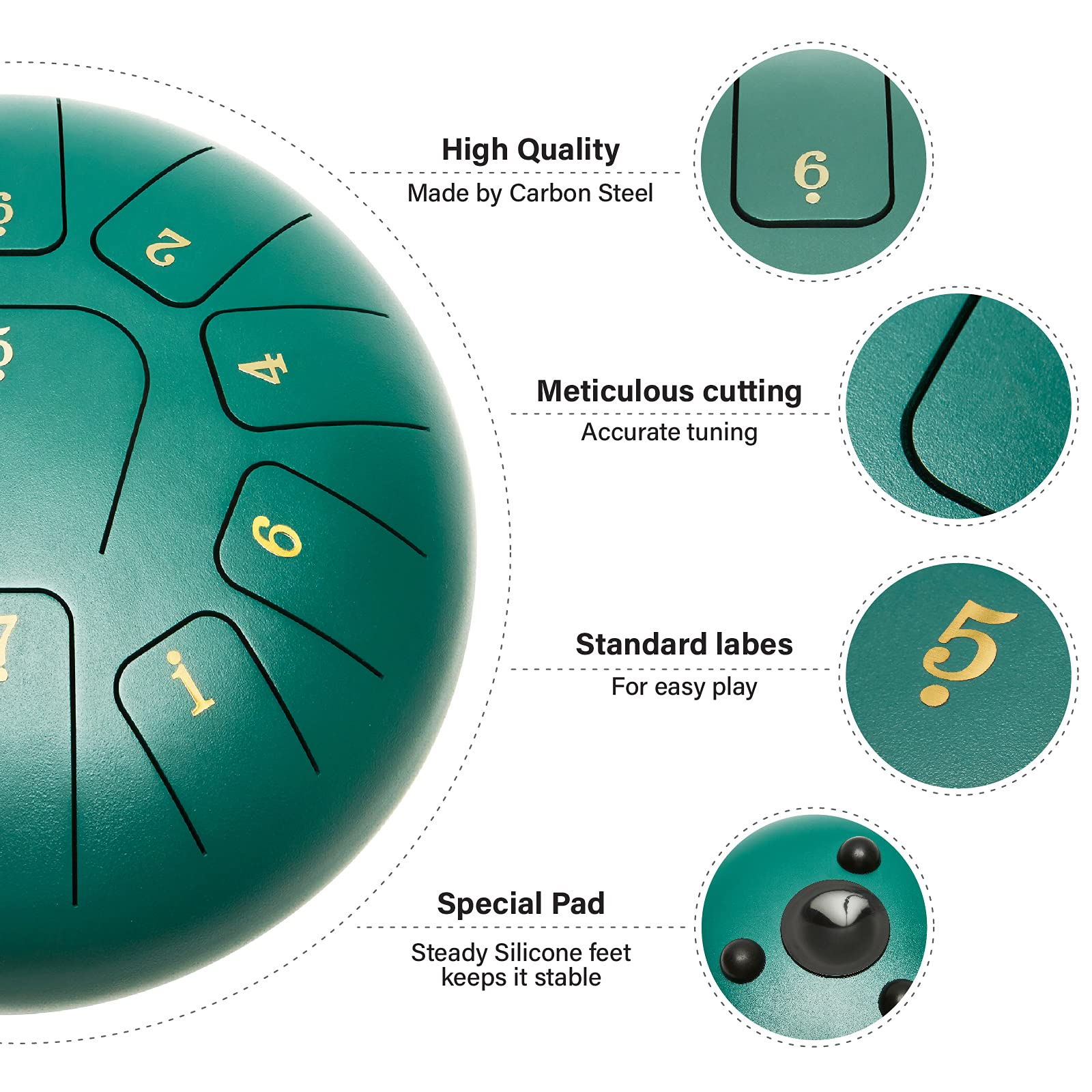 Tongue Drum Relaxant 10 pouces 11 tons- Instrument de Musique Intuitif pour Méditation Zen,Yoga et Éveil Musical - Tambour en Acier pour Enfant et Adulte avec Sac et Accessoires