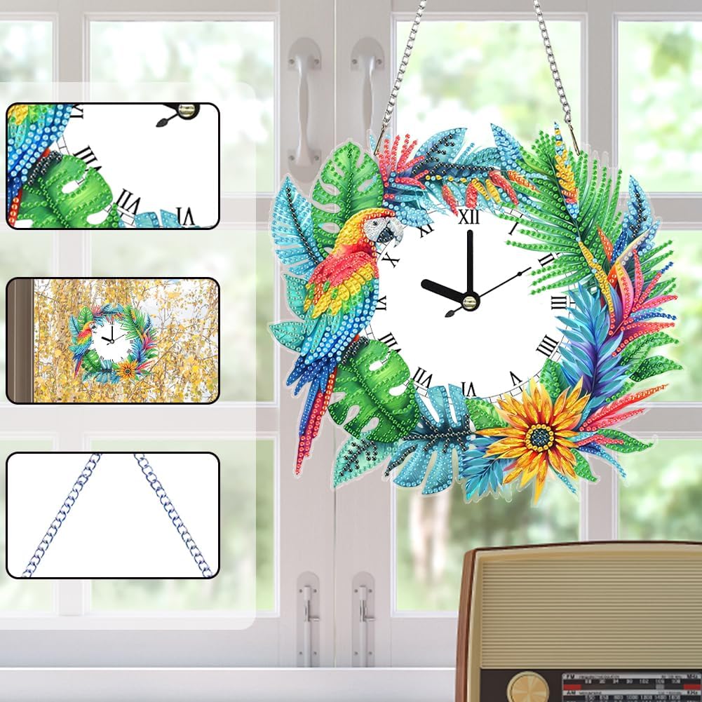Bird Wreath 5D Diamond Art Clock Kits for Adults, DIY Handicraft Clock with Wreath Design, Diamond Dots Wall Clock with Hanging Chain, Home Living Room Decor, Crafts Gift for Adults Kids
