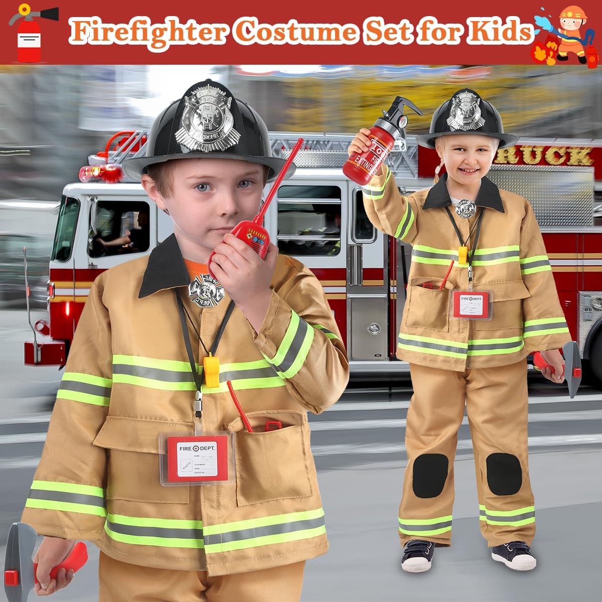 Firefighter Costume for Kids 3-5, Fireman Costume for Boys with Toy Accessories Set, Firefighter Clothes Suit, Toddler Fireman Dress Up Outfit 2-4t, Halloween Role Play for Boys Girls Age 4-7