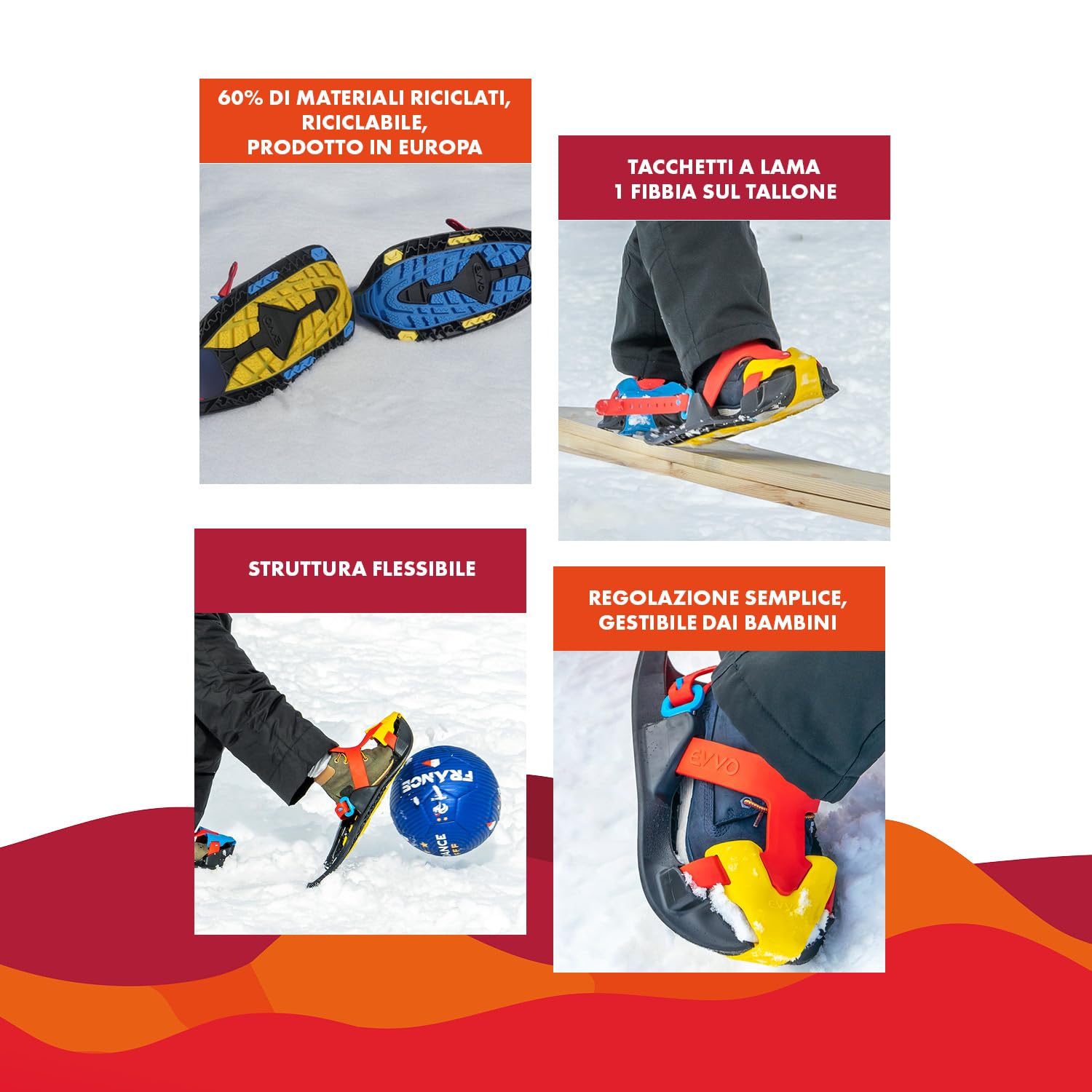 EVVO SHOSHIBAA, ciaspole per bambini, Made in Europe, attacchi regolabili, morbidi chiodi, All Terrain, escursionismo con le ciaspole