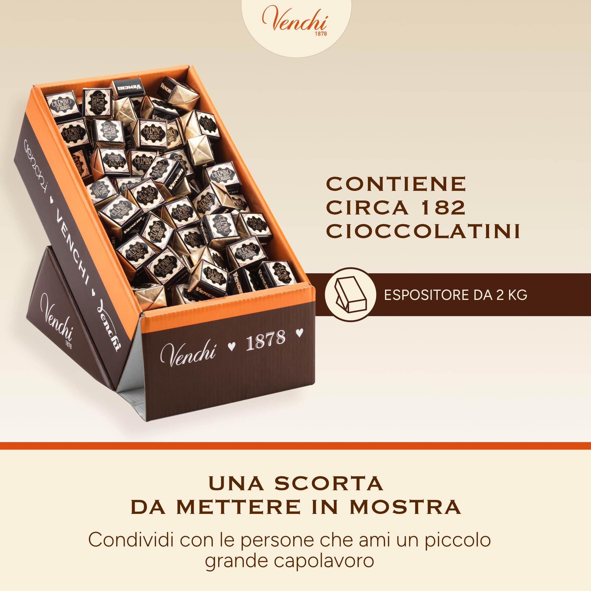 Venchi - Confezione Esposizione Cremino Extra Fondente, 2 kg - 3 Strati Cremosi - Pack da 190 Pezzi - Senza Glutine - Vegano