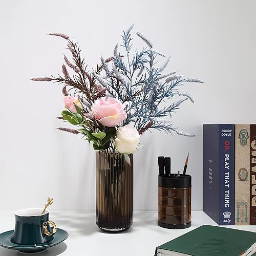 Miniatura 6 de Dinyeo Jarrón de flores de cristal marrón acanalado de cilindro pequeño para decoración de centros de mesa de comedor de granja