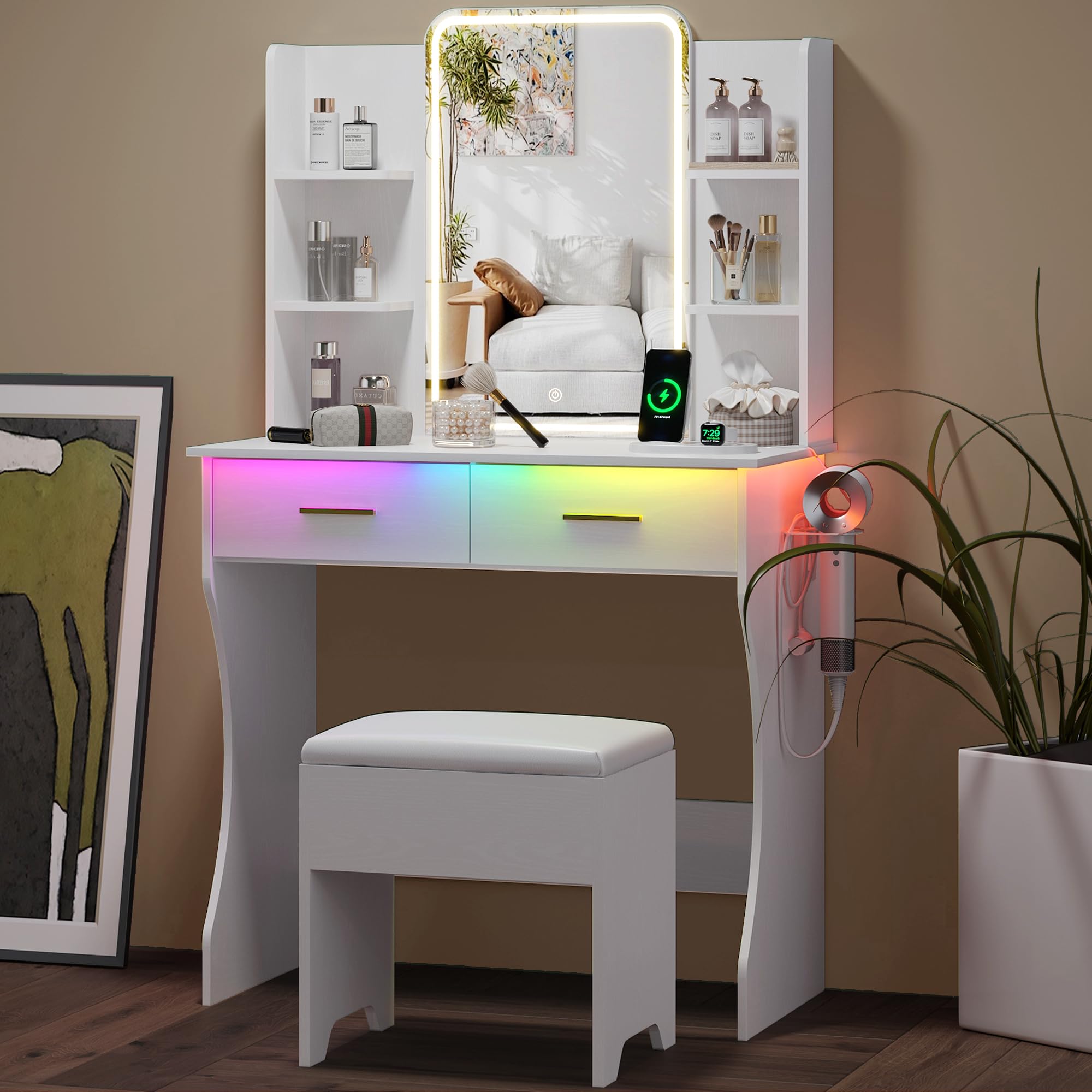small vanity desk with mirror and lights, makeup vanity with led lights, white vanity mirror with lighted desk and chair, 3 lighting adjustable compact dressing table with mirror for women, girls