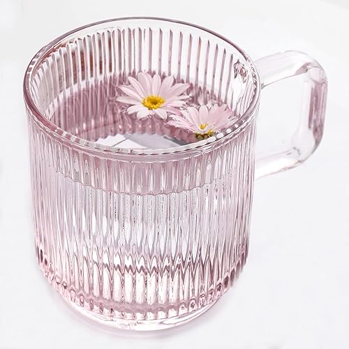 Lysenn - Taza de café de cristal rosa con tapa, taza de té clásica de rayas verticales de primera calidad para té, café con leche, chocolate, jugo,
