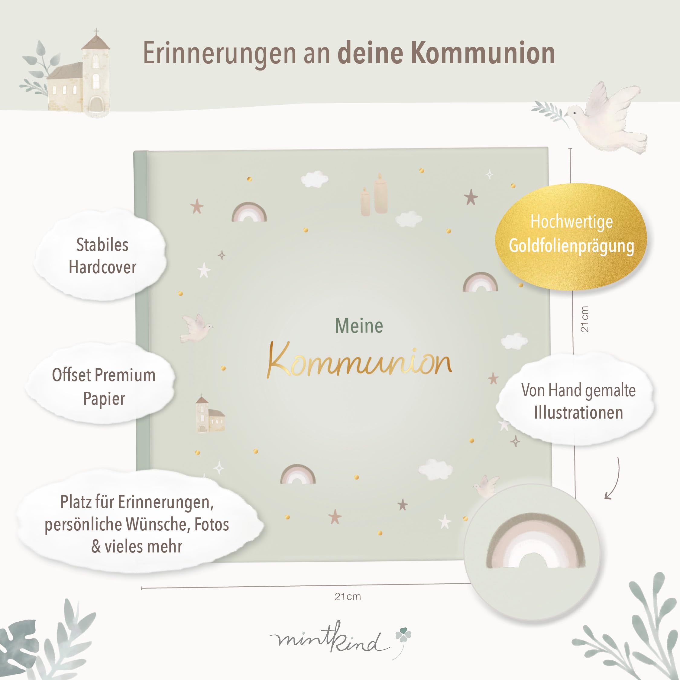mintkind® Erinnerungsalbum Kommunion Meine Kommunion Kommunionsalbum zum Ausfüllen salbeigrünes Pattern Erinnerungsalbum Kommunion mit Platz für Fotos Wünsche Zeichnungen 60 Seiten Hardcover - 3