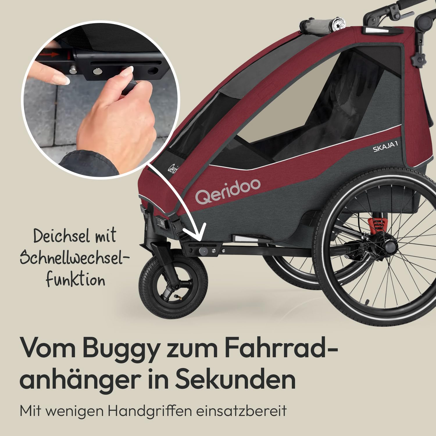 Qeridoo Skaja 1 Cayenne Red Fahrradanhänger 1 Kind Premium-Federung 3-in-1-Funktion Kinderfahrradanhänger Jogger Kinderwagen Leicht Sicher Kompakt