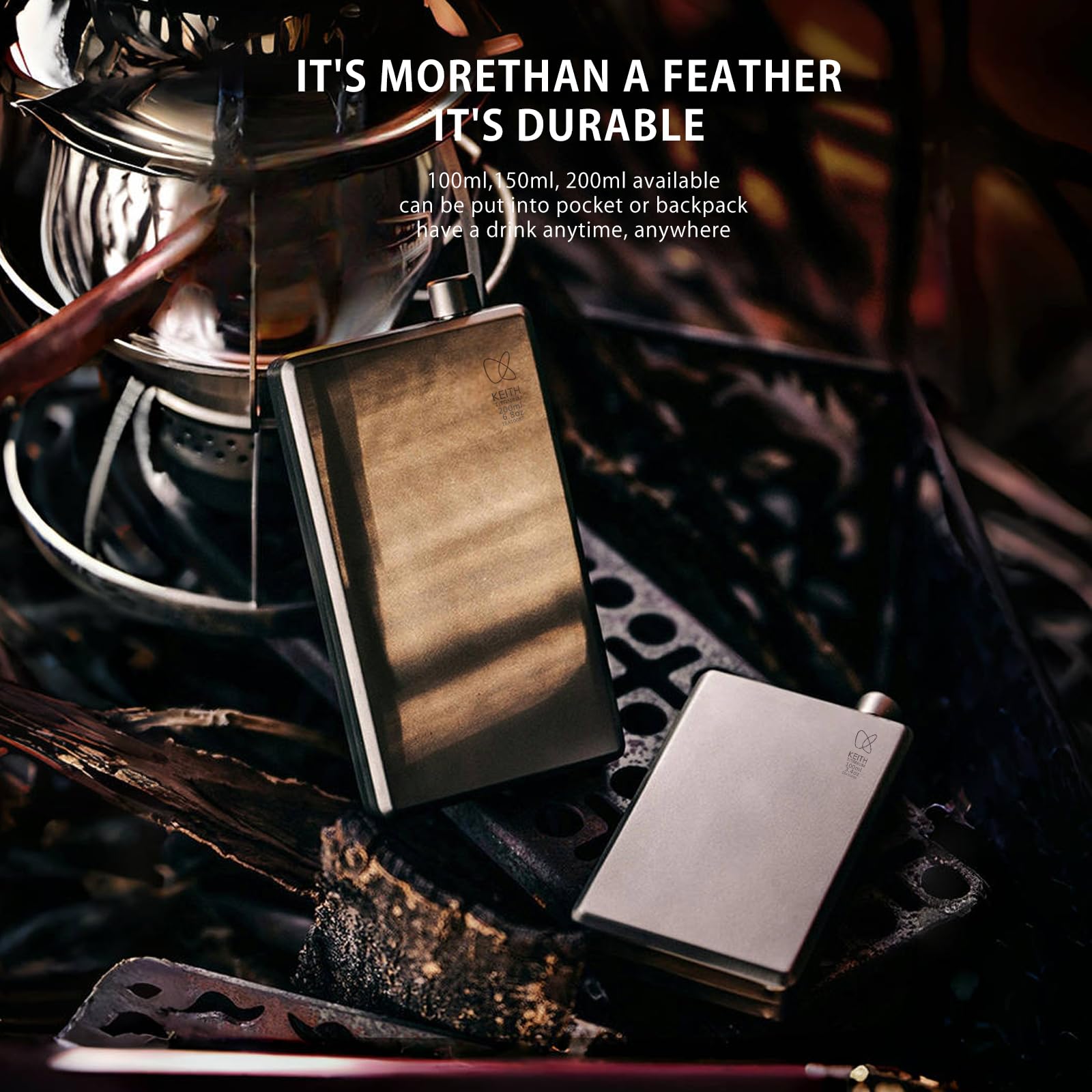 KEITH Titan Flachmann Tragbare Hip Flask klein Wasserflasche für Whisky, Likör und Alkohol mit Trichter, Campingausrüstung (200ml Ti9307)