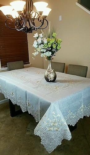 Miniatura 3 de Mantel cuadrado de organza bordado floral beige de 90 pulgadas, servilletas de boda, fiesta, elegante, lavable, mantel decorativo de tela para mesa