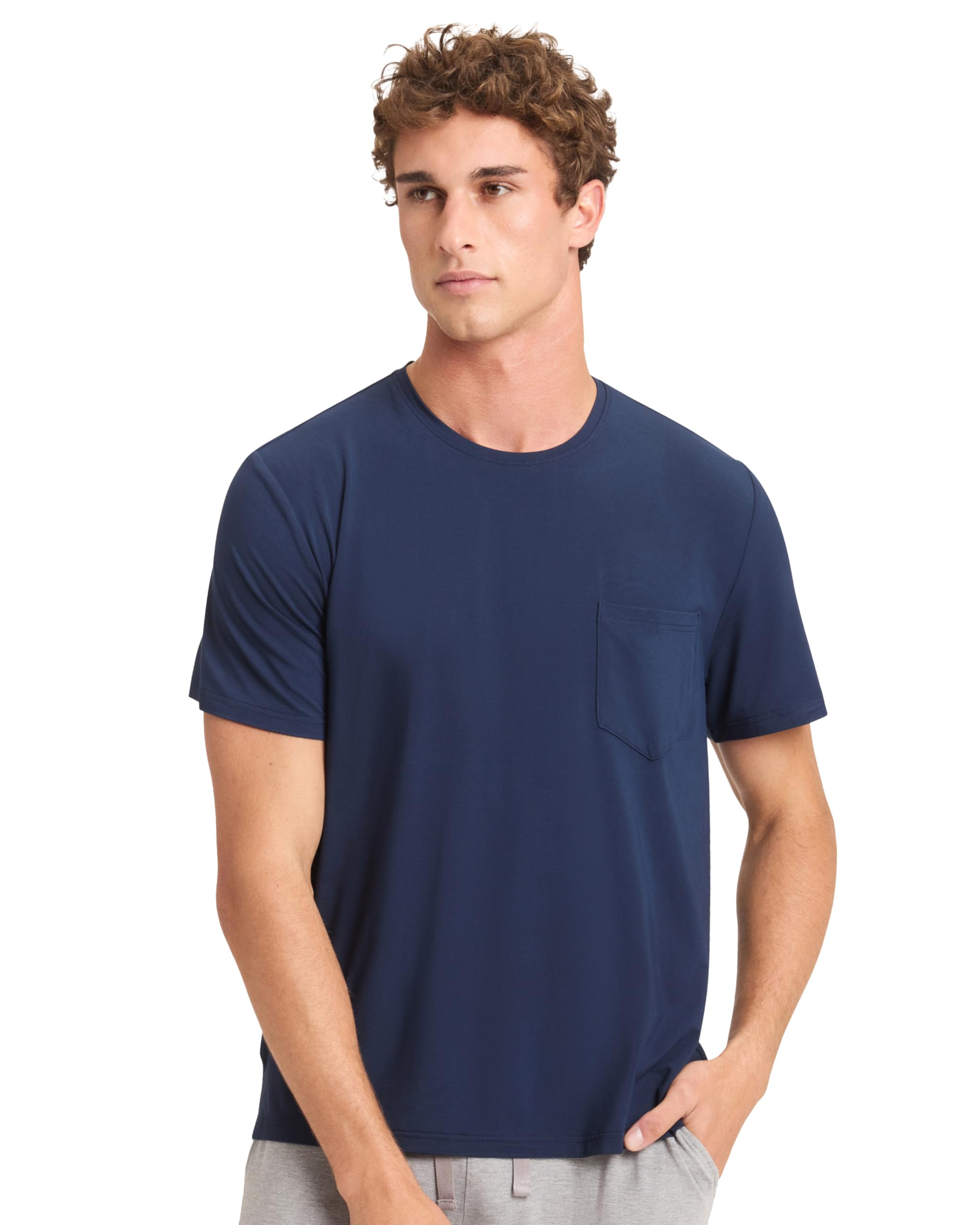 View 1 of ***STOCK PHOTO FOR REFERENCE ONLY***SHIRT IS WHITE
Cozy Earth Men’s Stretch-Knit Lounge Tee - Relaxed Fit, Short Sleeve Shirt for Men - Soft Breathable 95% Viscose from Bamboo Blend - Navy Large