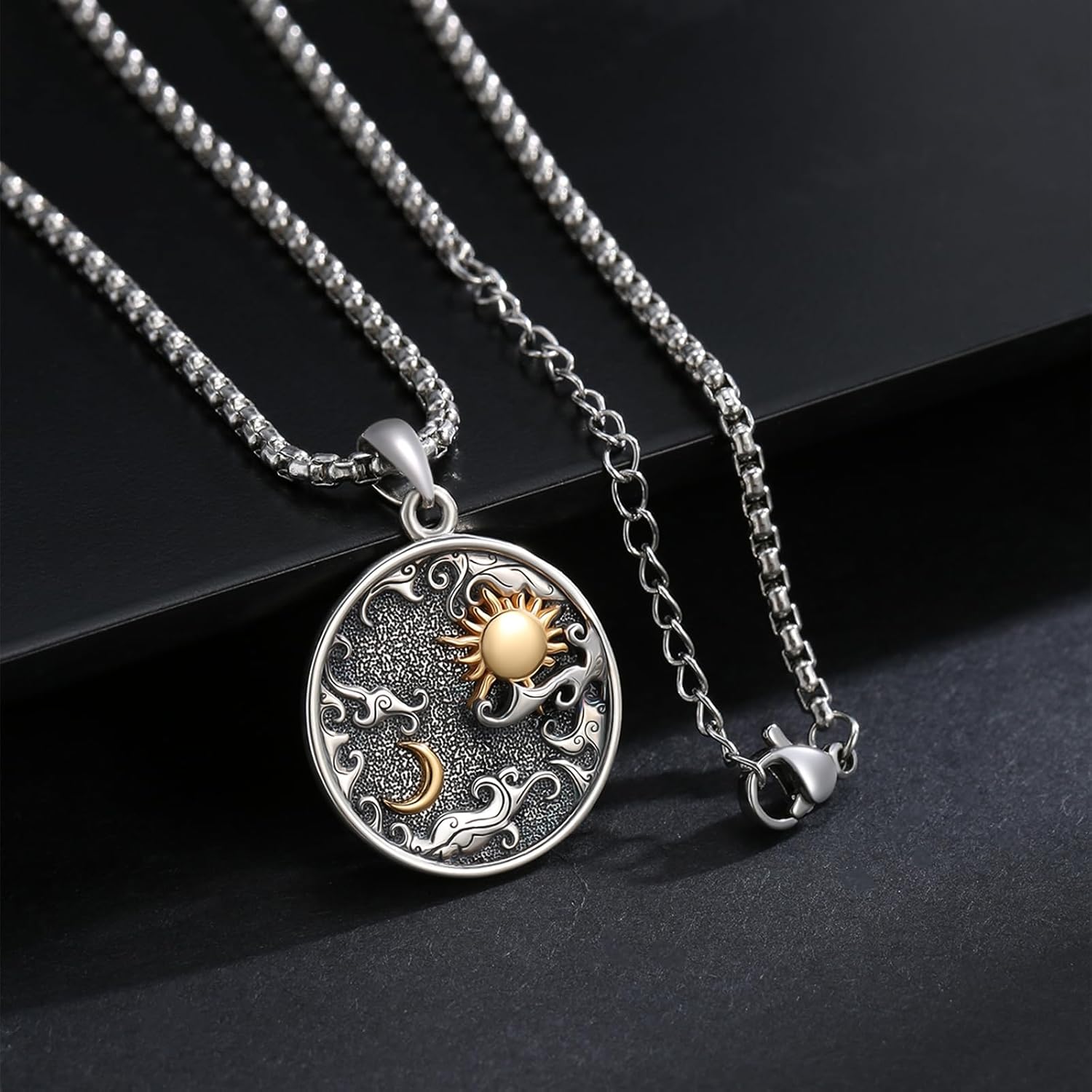 Cuoka Celestial Moon and Sun Necklace for Women,S925 Sterling Silver Oxidize Celestial Lunar Solar Sunburst and Crescent Pendant Necklaces Jewelry for Men - Image 3
