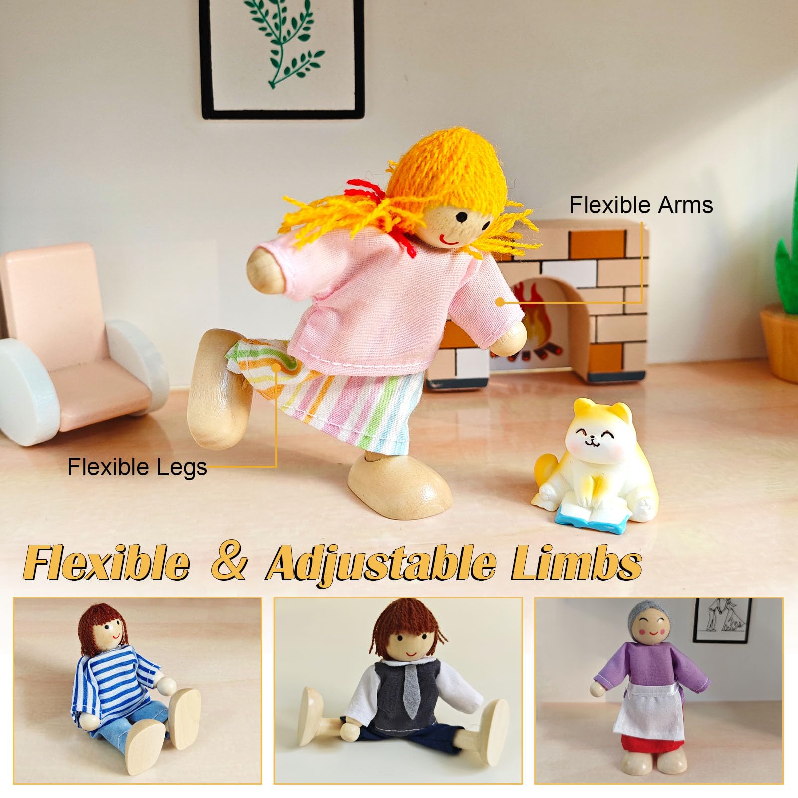 Homethrive Famiglia di Bambole di Legno Set Famiglia di 8 Persone con Gatto e Cane Figure per Casa Delle Bambole Accessori Casa Delle Bambole Decorazioni Natalizie per la Casa