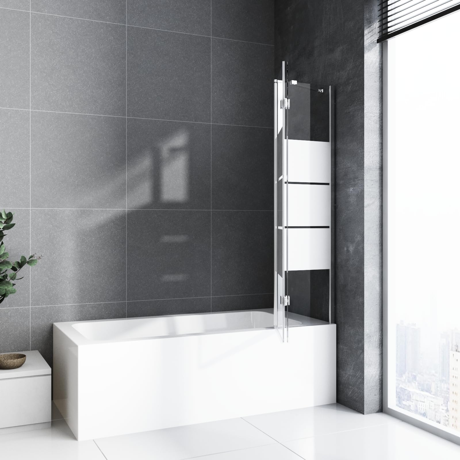 Duschwand für Badewanne mit Stabilisator und Festteil 2 teilig faltbar 160 x 140 cm Gestreift Badewannenfaltwand Duschtrennwand 6mm Nano Glas Duschabtrennung Badewanne