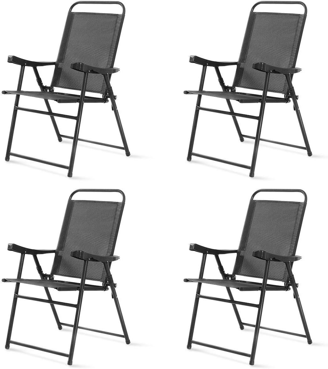 S AFSTAR Folding Sling Chairs, Patio Furniture Chair Set with Armrest for Lawn Garden (Dark Gray 4PCS)